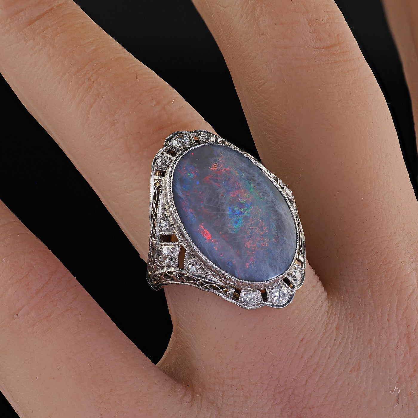 Antique Edwardian 14K White Gold Platinum Top Black Opal Old Euro Diamond Ring