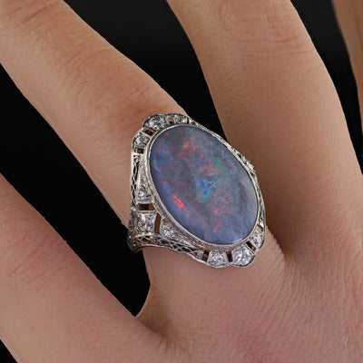 Antique Edwardian 14K White Gold Platinum Top Black Opal Old Euro Diamond Ring