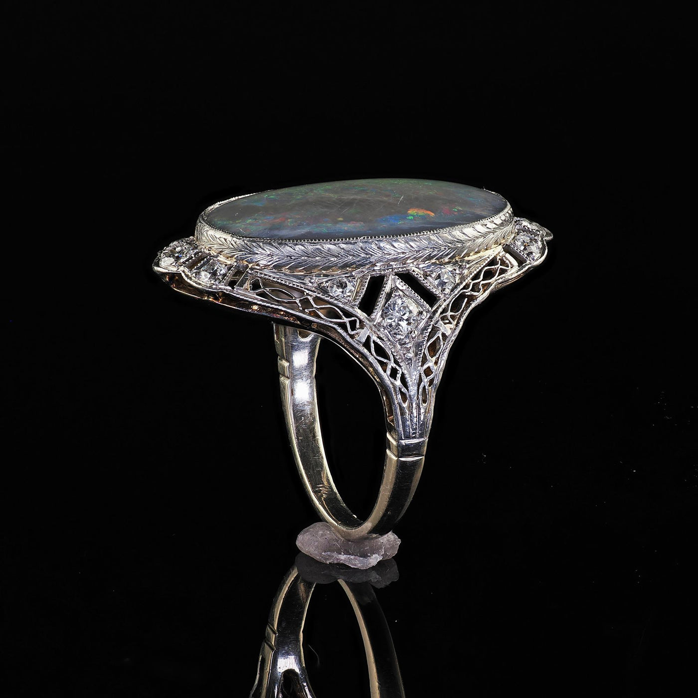 Antique Edwardian 14K White Gold Platinum Top Black Opal Old Euro Diamond Ring