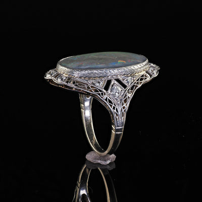 Antique Edwardian 14K White Gold Platinum Top Black Opal Old Euro Diamond Ring