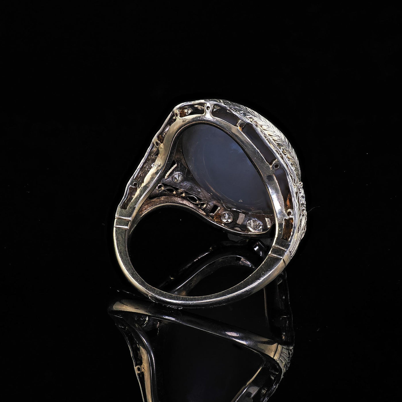 Antique Edwardian 14K White Gold Platinum Top Black Opal Old Euro Diamond Ring