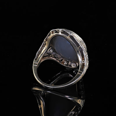 Antique Edwardian 14K White Gold Platinum Top Black Opal Old Euro Diamond Ring