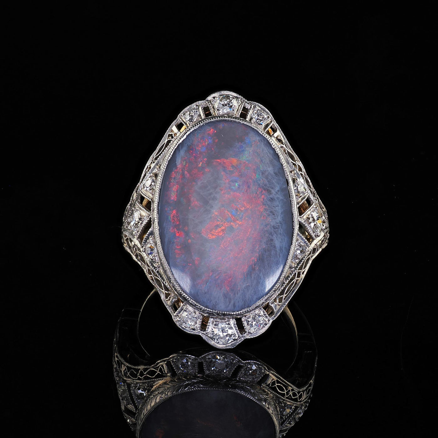 Antique Edwardian 14K White Gold Platinum Top Black Opal Old Euro Diamond Ring