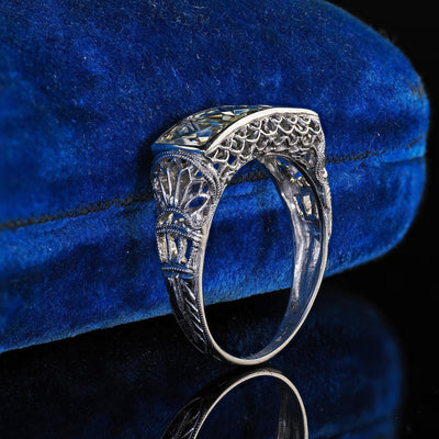Antique Edwardian Platinum French Cut Diamond Filigree Three Stone Ring
