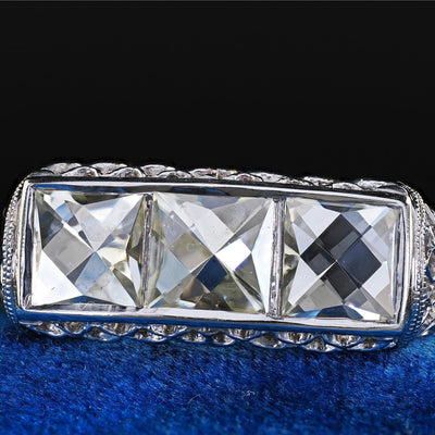 Antique Edwardian Platinum French Cut Diamond Filigree Three Stone Ring