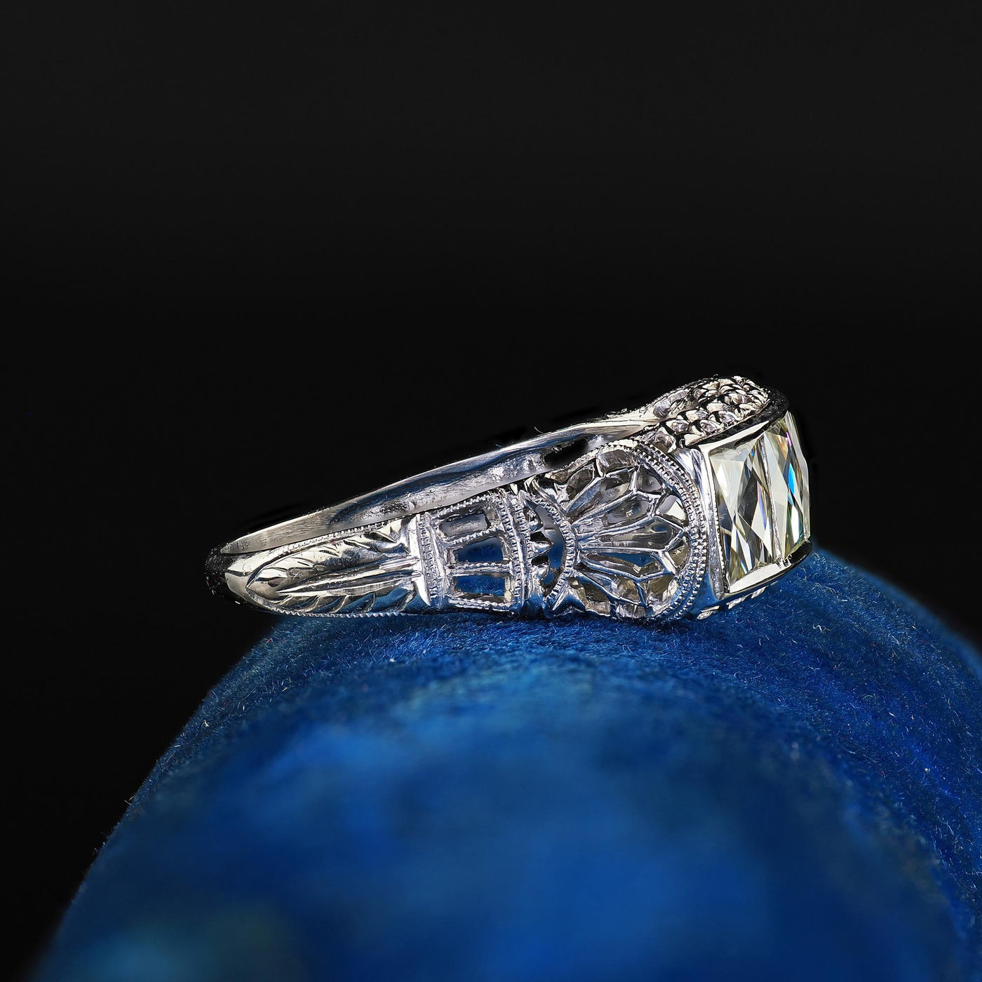 Antique Edwardian Platinum French Cut Diamond Filigree Three Stone Ring