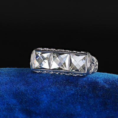 Antique Edwardian Platinum French Cut Diamond Filigree Three Stone Ring