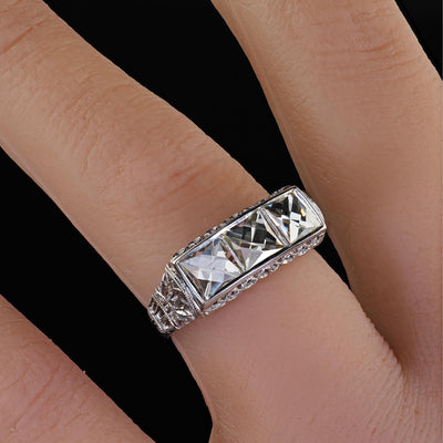 Antique Edwardian Platinum French Cut Diamond Filigree Three Stone Ring