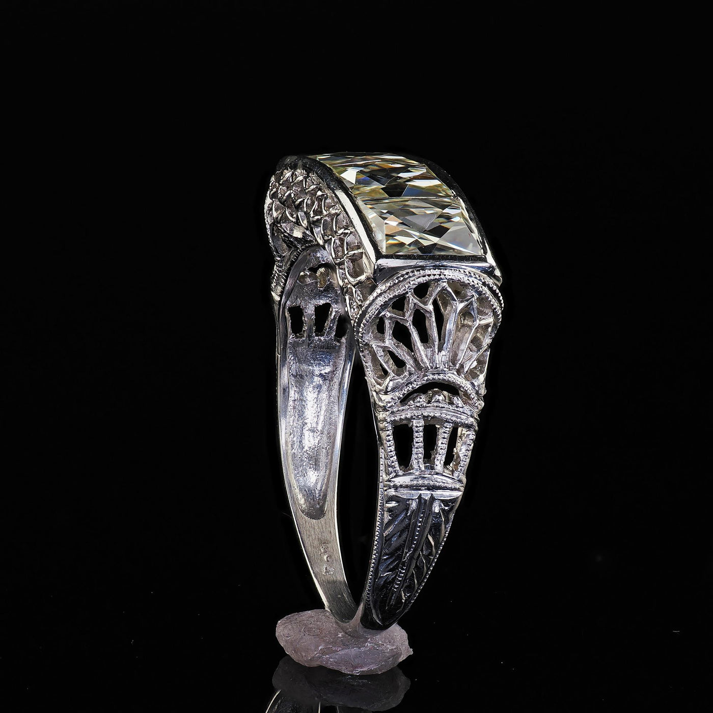 Antique Edwardian Platinum French Cut Diamond Filigree Three Stone Ring
