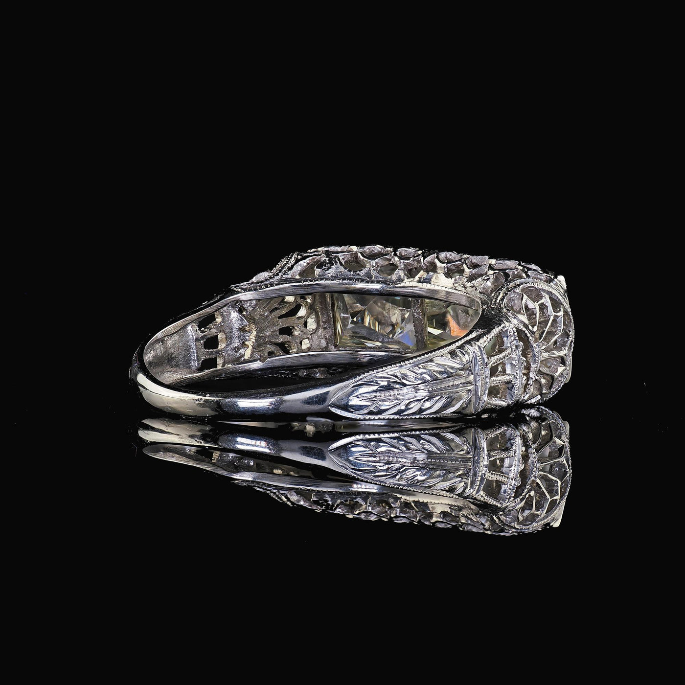 Antique Edwardian Platinum French Cut Diamond Filigree Three Stone Ring