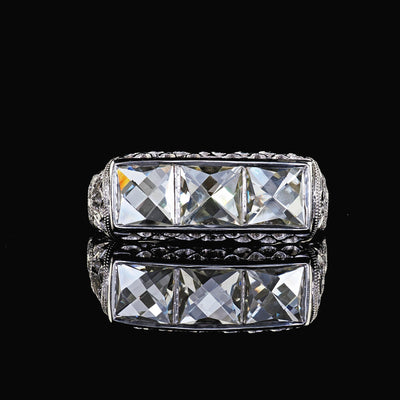 Antique Edwardian Platinum French Cut Diamond Filigree Three Stone Ring