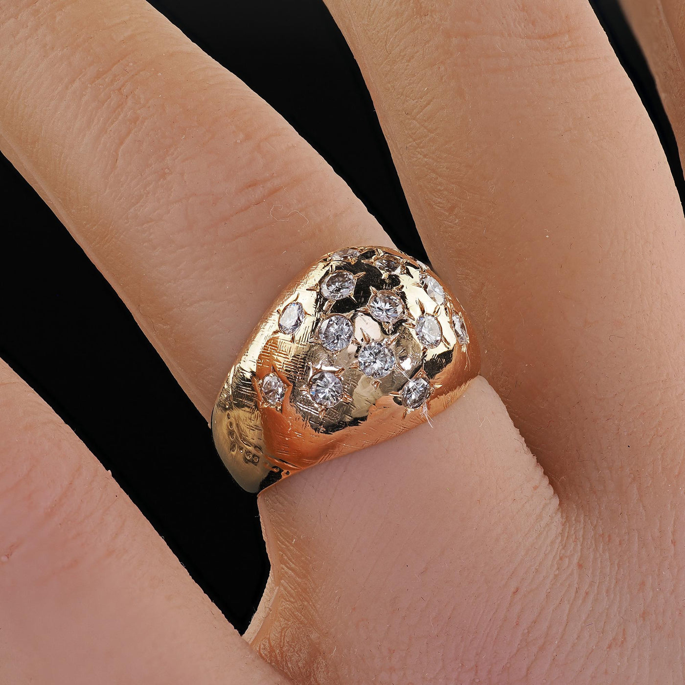 Vintage Estate 14K Yellow Gold Star Set Transitional Diamond Bombe Cocktail Ring