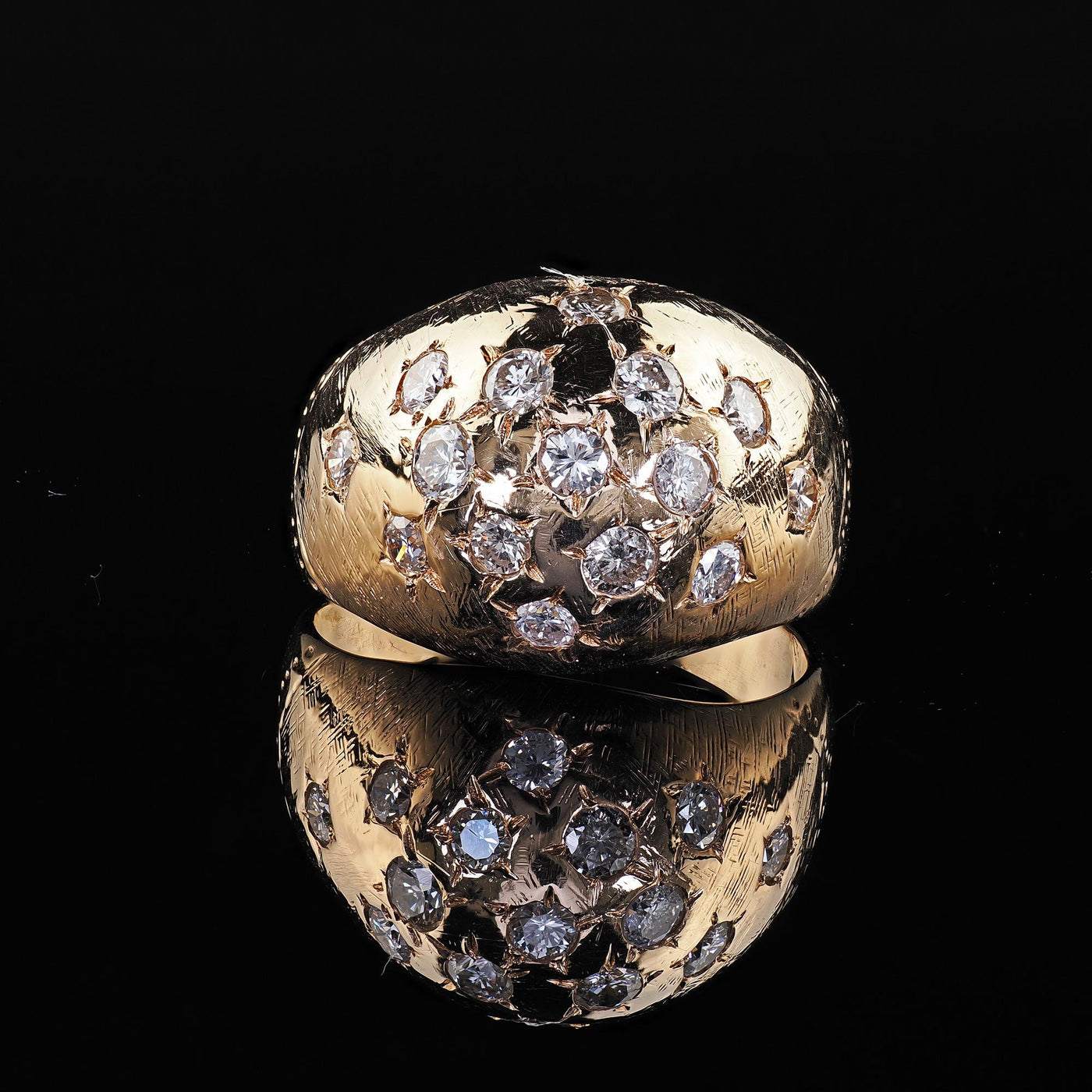 Vintage Estate 14K Yellow Gold Star Set Transitional Diamond Bombe Cocktail Ring