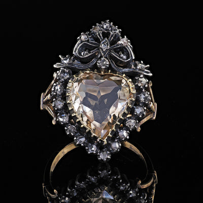 Antique Victorian 18K Gold and Silver Heart Shaped Citrine Diamond Cocktail Ring