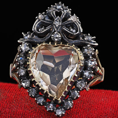 Antique Victorian 18K Gold and Silver Heart Shaped Citrine Diamond Cocktail Ring