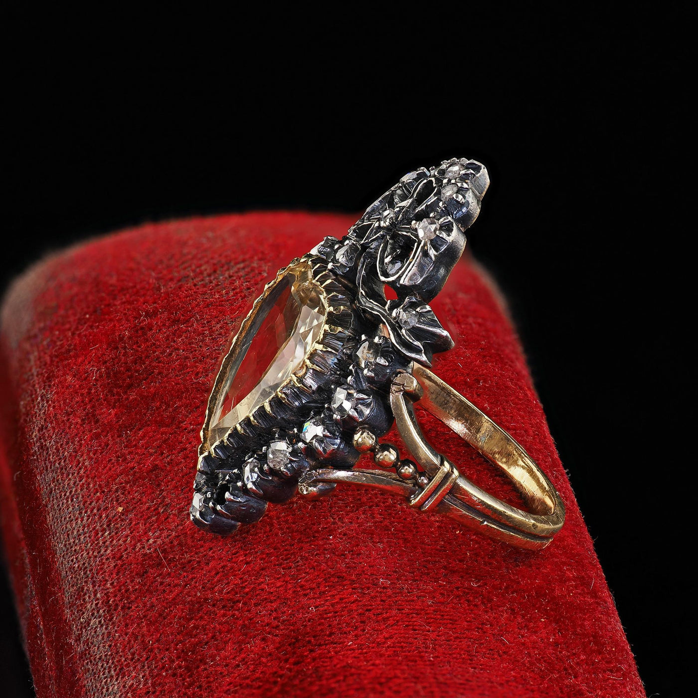 Antique Victorian 18K Gold and Silver Heart Shaped Citrine Diamond Cocktail Ring