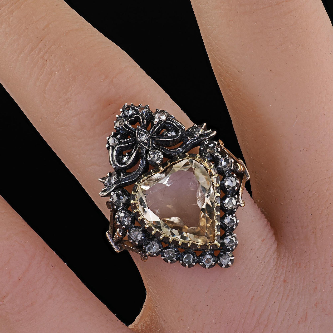 Antique Victorian 18K Gold and Silver Heart Shaped Citrine Diamond Cocktail Ring