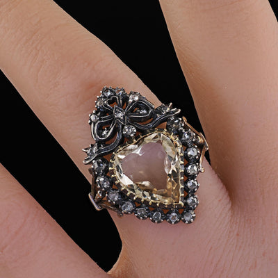 Antique Victorian 18K Gold and Silver Heart Shaped Citrine Diamond Cocktail Ring