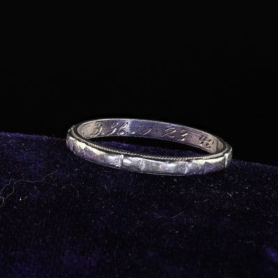 Antique Art Deco Platinum Engraved Wedding Band - Size 6 1/2