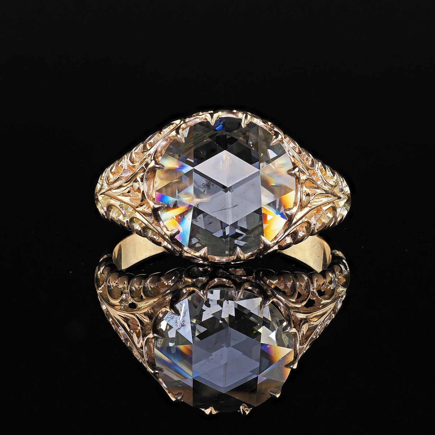 Antique Victorian 14K Gold Rose Cut Diamond Filigree Engagement Ring - GIA