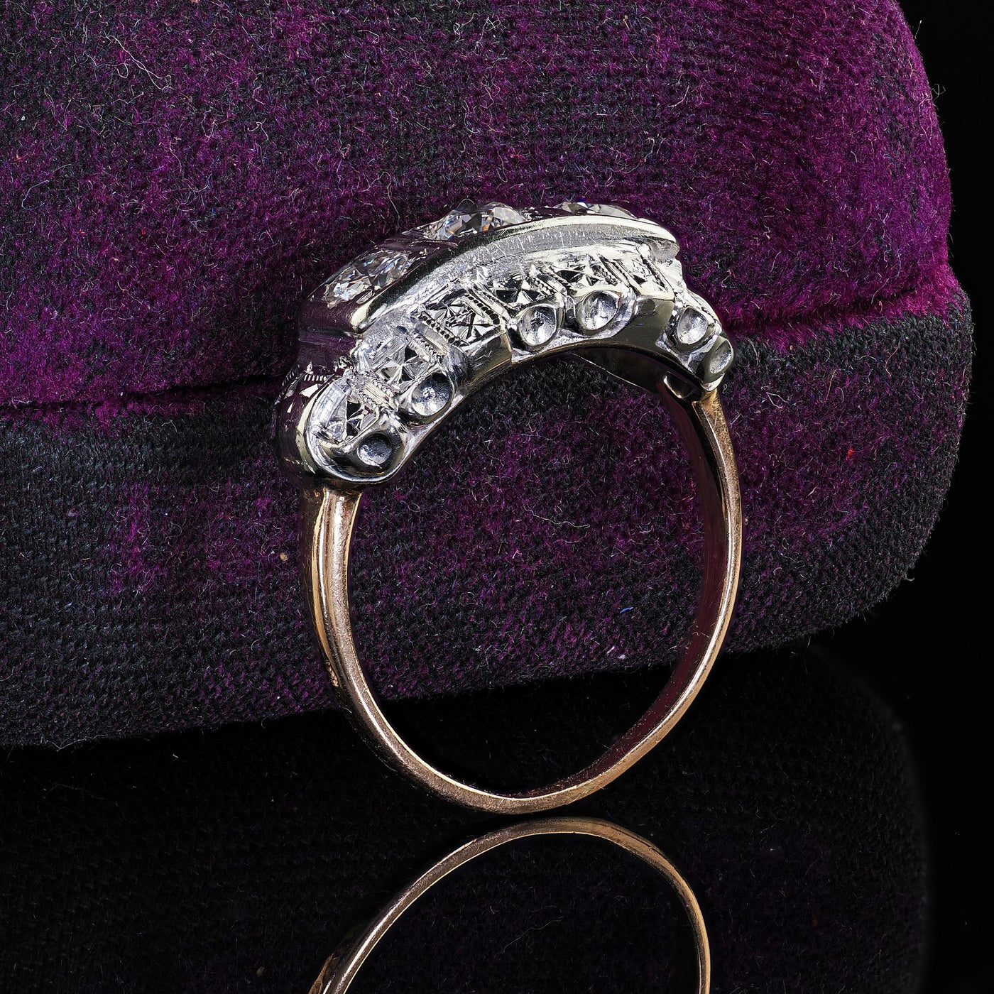 Antique Art Deco 14K Two Tone Old European Cut Three Stone Diamond Ring