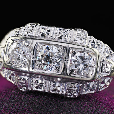 Antique Art Deco 14K Two Tone Old European Cut Three Stone Diamond Ring