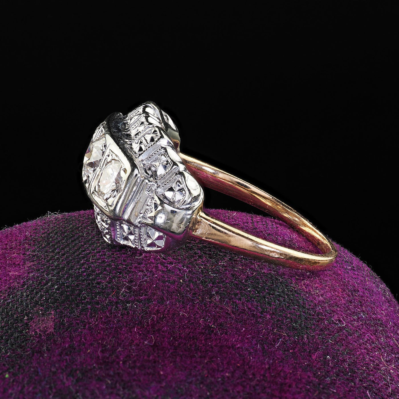 Antique Art Deco 14K Two Tone Old European Cut Three Stone Diamond Ring