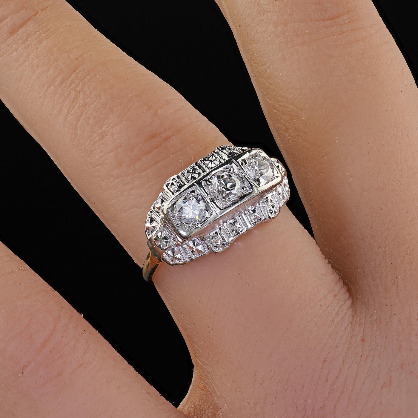 Antique Art Deco 14K Two Tone Old European Cut Three Stone Diamond Ring