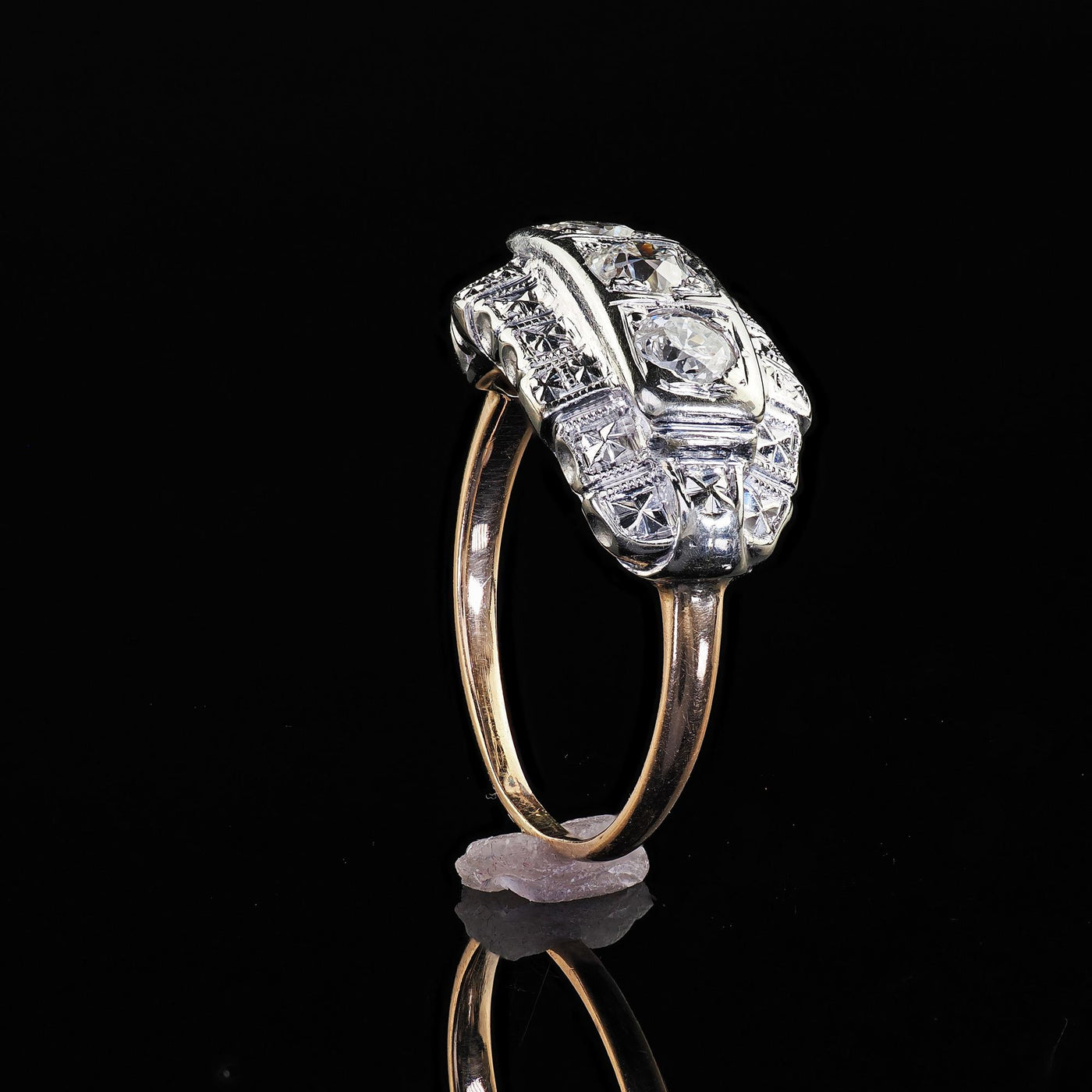 Antique Art Deco 14K Two Tone Old European Cut Three Stone Diamond Ring
