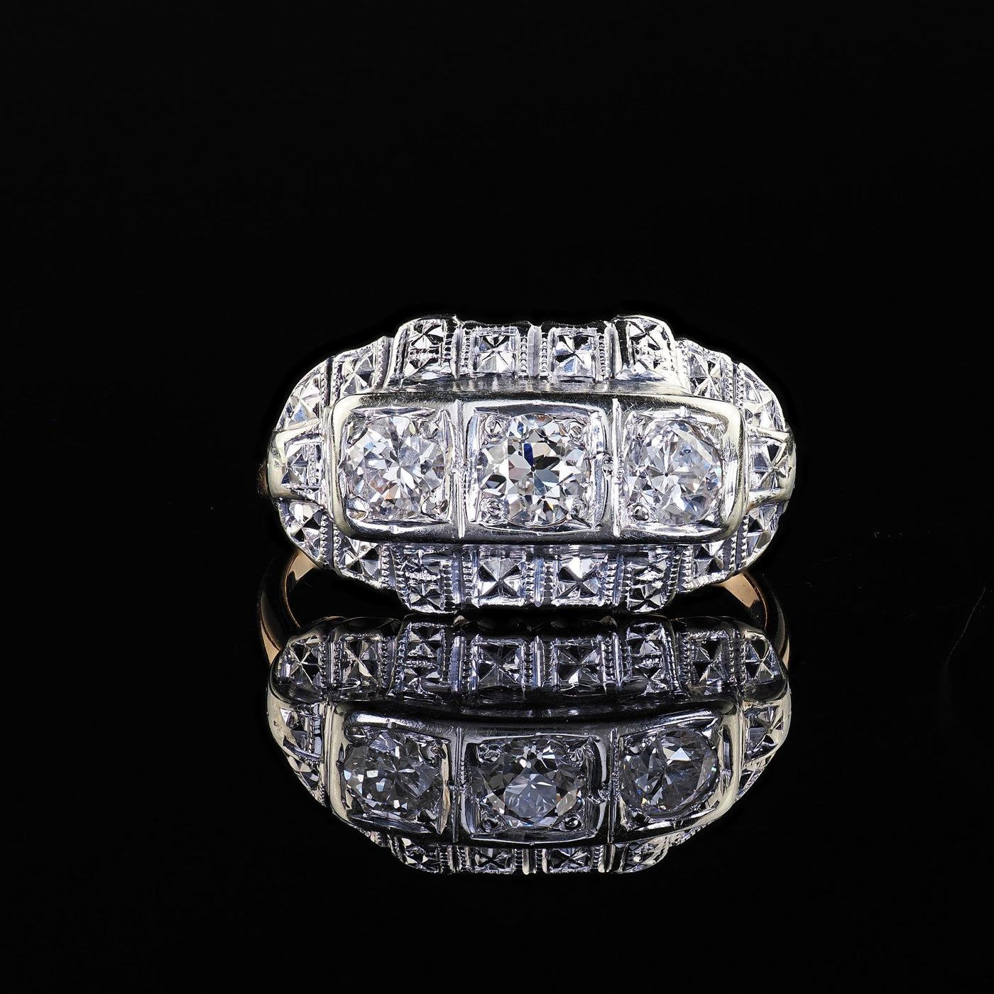 Antique Art Deco 14K Two Tone Old European Cut Three Stone Diamond Ring