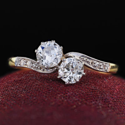 Antique Edwardian 18K Gold and Platinum Toi et Moi Old European Diamond Ring