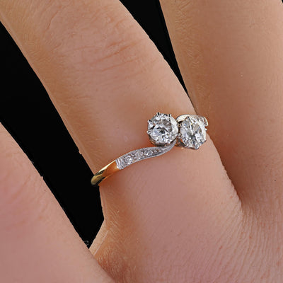 Antique Edwardian 18K Gold and Platinum Toi et Moi Old European Diamond Ring