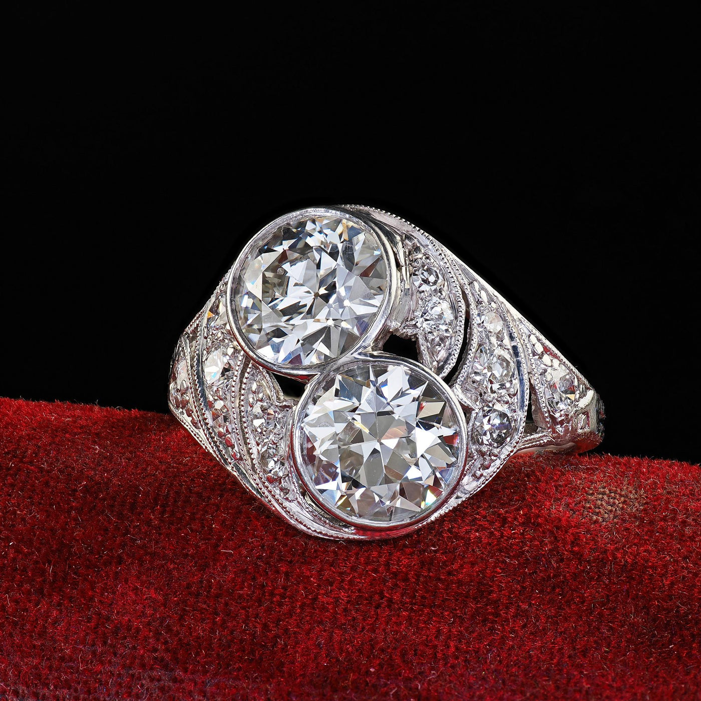Antique Edwardian Platinum Old Euro Diamond Toi et Moi Engagement Ring - GIA