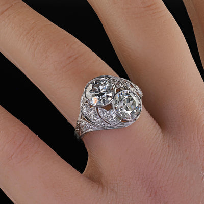 Antique Edwardian Platinum Old Euro Diamond Toi et Moi Engagement Ring - GIA