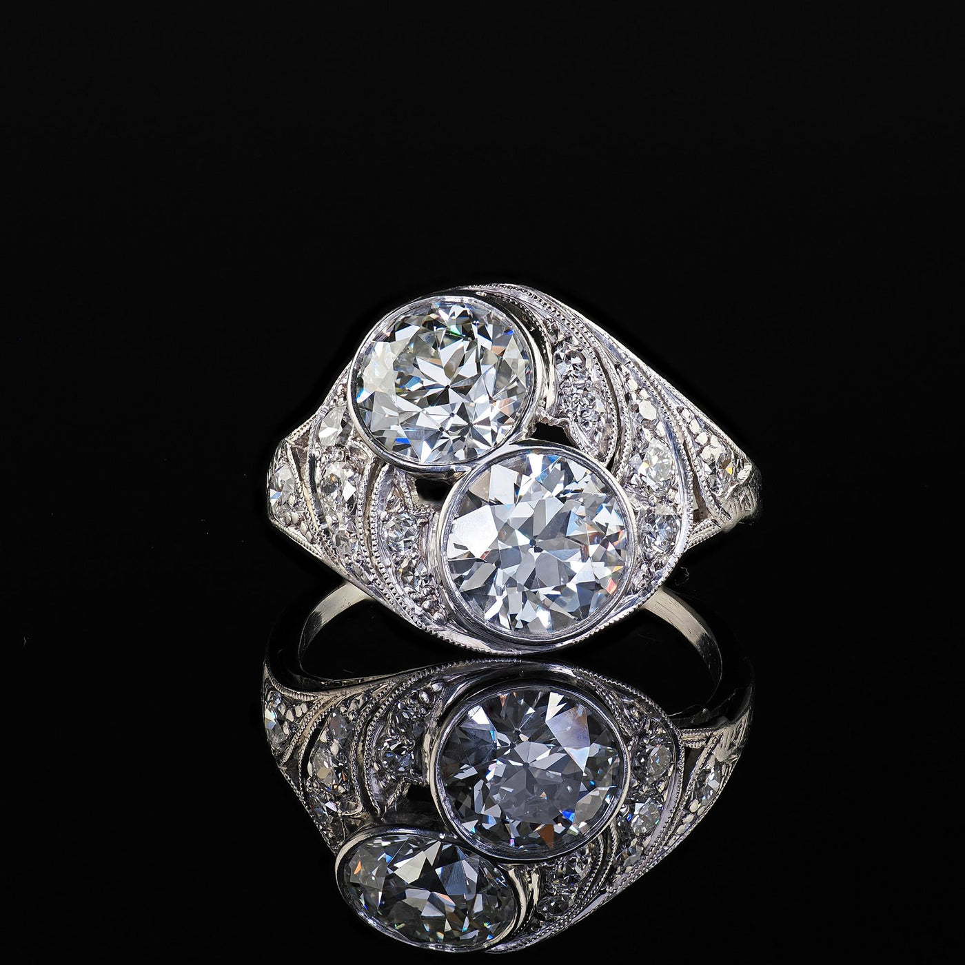 Antique Edwardian Platinum Old Euro Diamond Toi et Moi Engagement Ring - GIA
