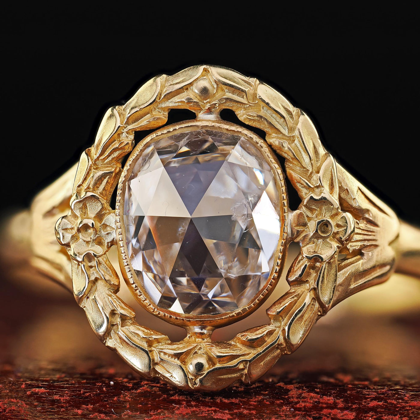 Antique Art Nouveau 18K Yellow Gold Rose Cut Diamond Engagement Ring - GIA