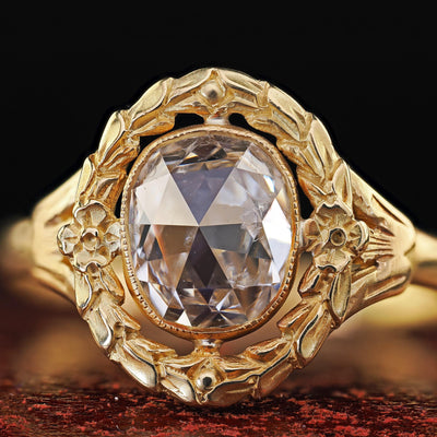 Antique Art Nouveau 18K Yellow Gold Rose Cut Diamond Engagement Ring - GIA