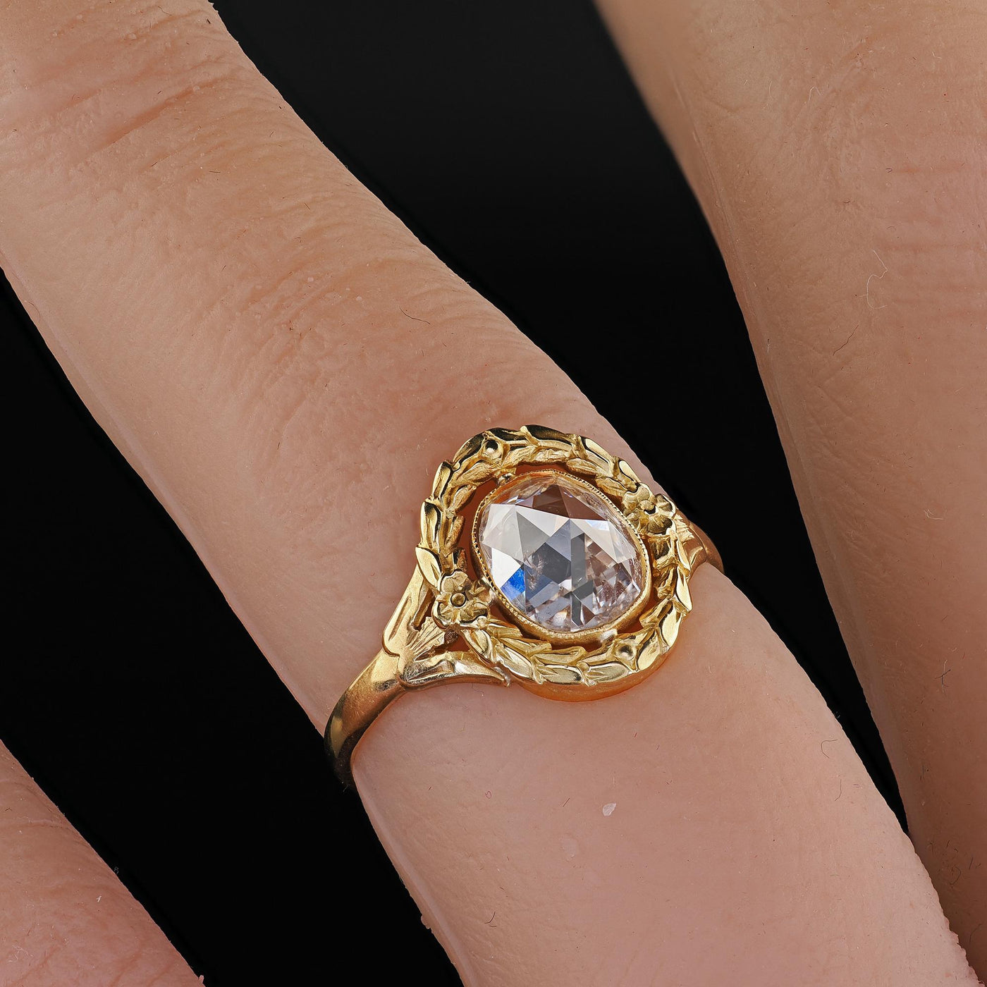 Antique Art Nouveau 18K Yellow Gold Rose Cut Diamond Engagement Ring - GIA