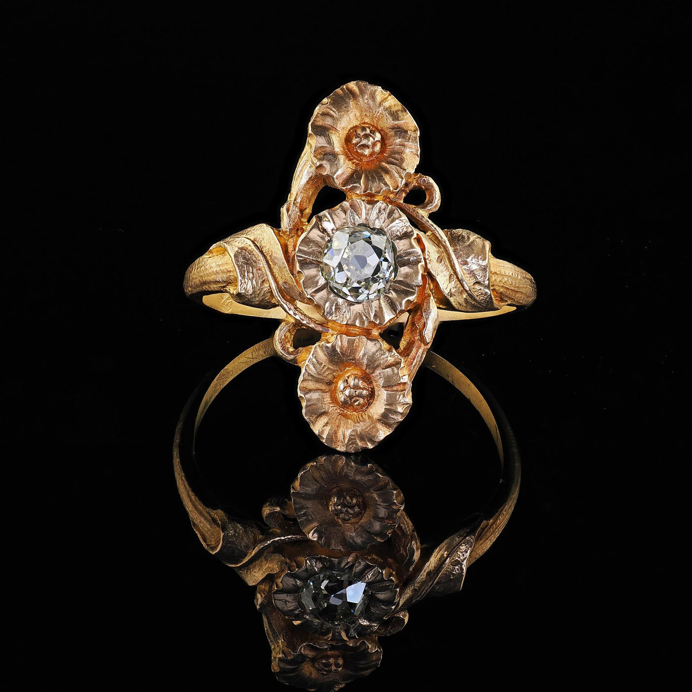 Antique French Art Nouveau 18K Yellow Gold Old Mine Diamond Floral Ring