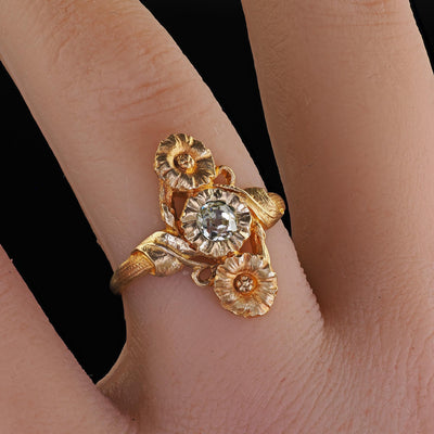 Antique French Art Nouveau 18K Yellow Gold Old Mine Diamond Floral Ring