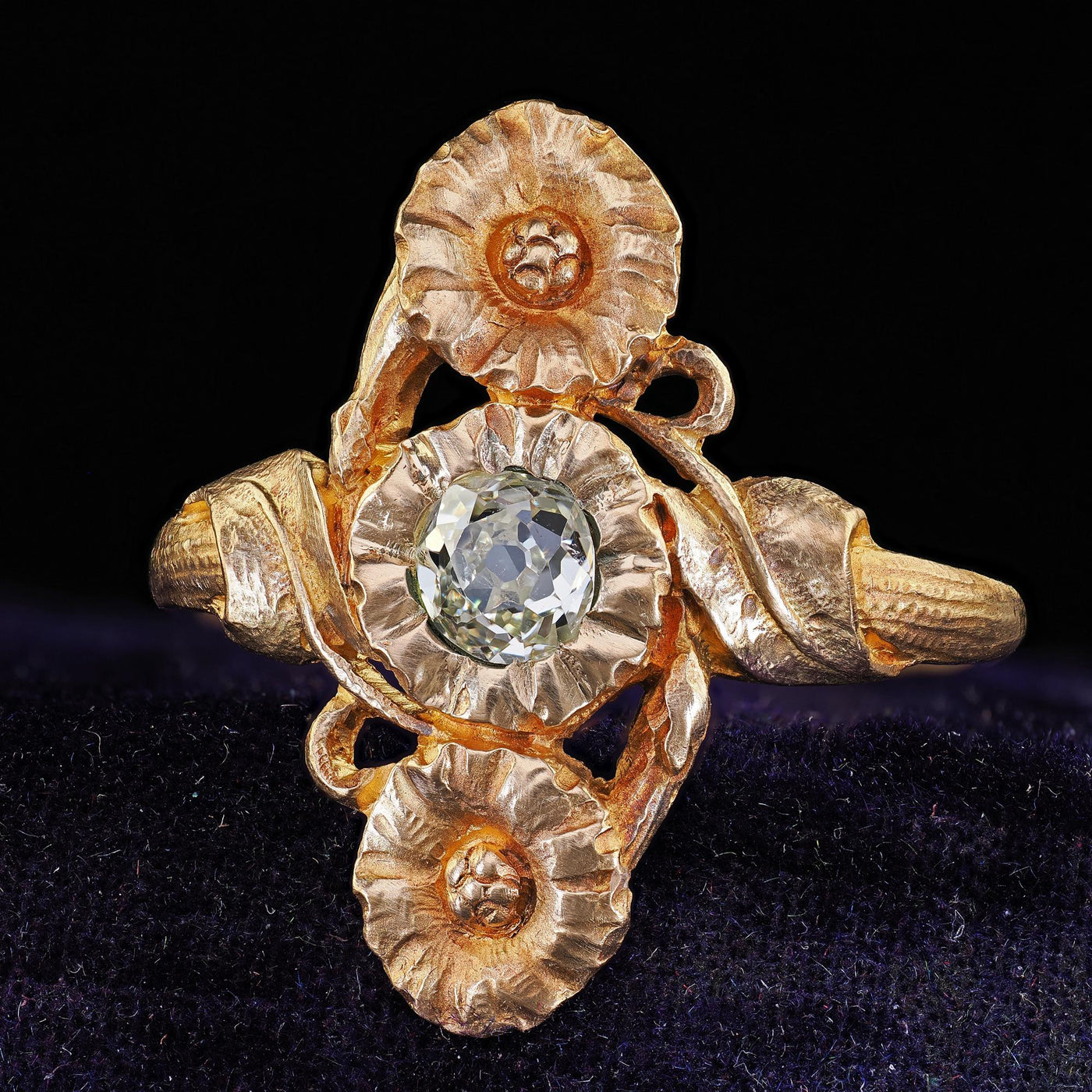 Antique French Art Nouveau 18K Yellow Gold Old Mine Diamond Floral Ring