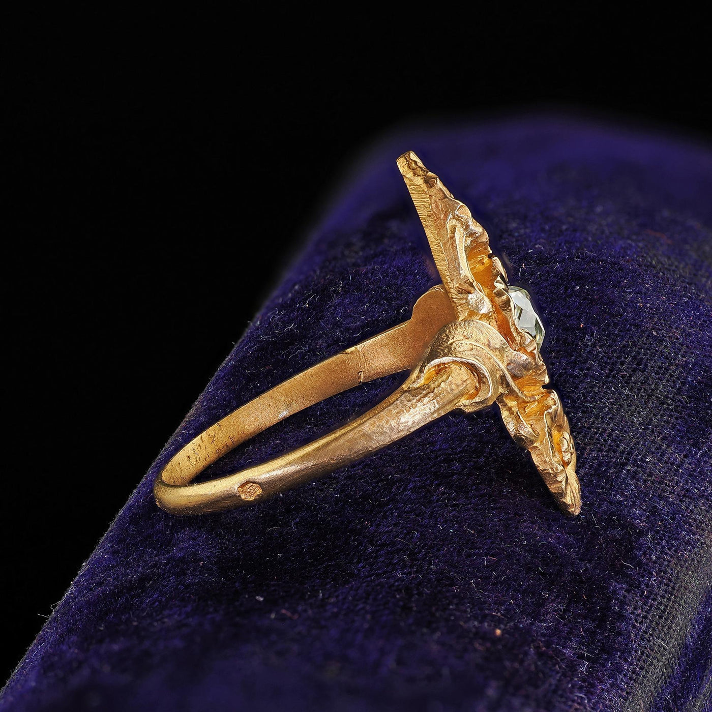 Antique French Art Nouveau 18K Yellow Gold Old Mine Diamond Floral Ring