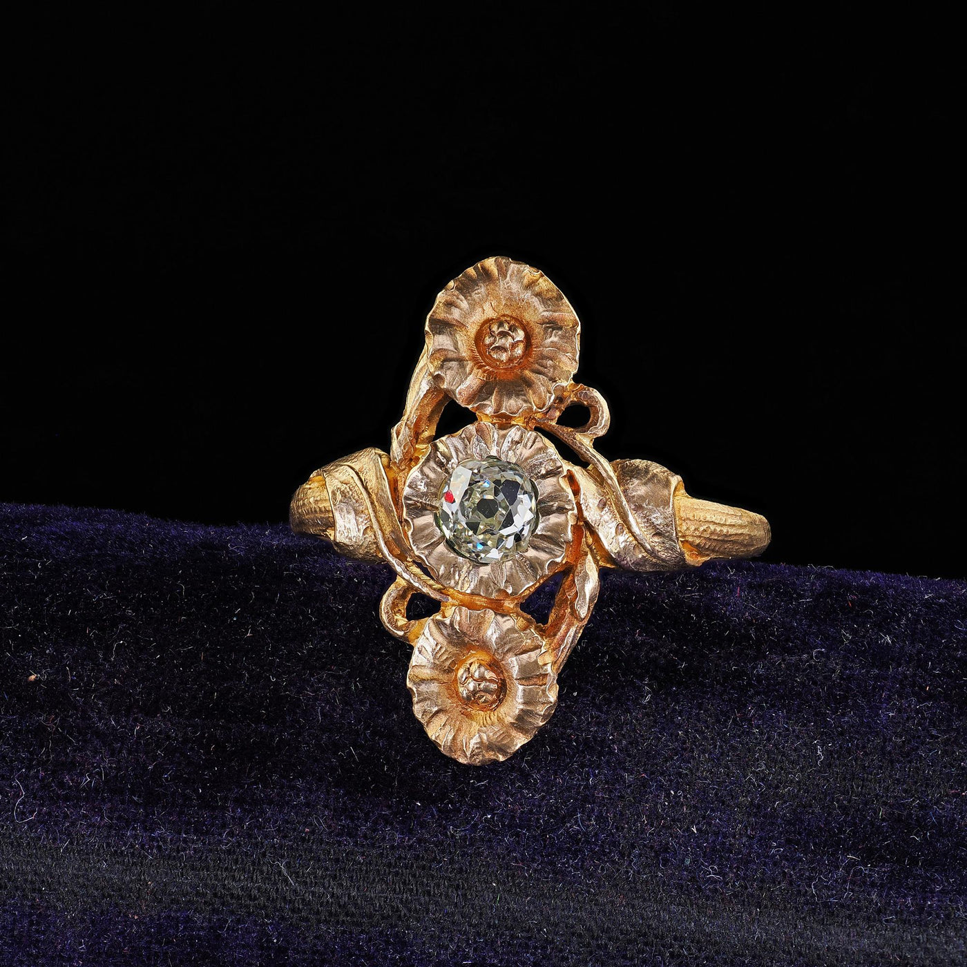 Antique French Art Nouveau 18K Yellow Gold Old Mine Diamond Floral Ring