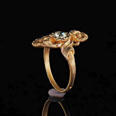 Antique French Art Nouveau 18K Yellow Gold Old Mine Diamond Floral Ring