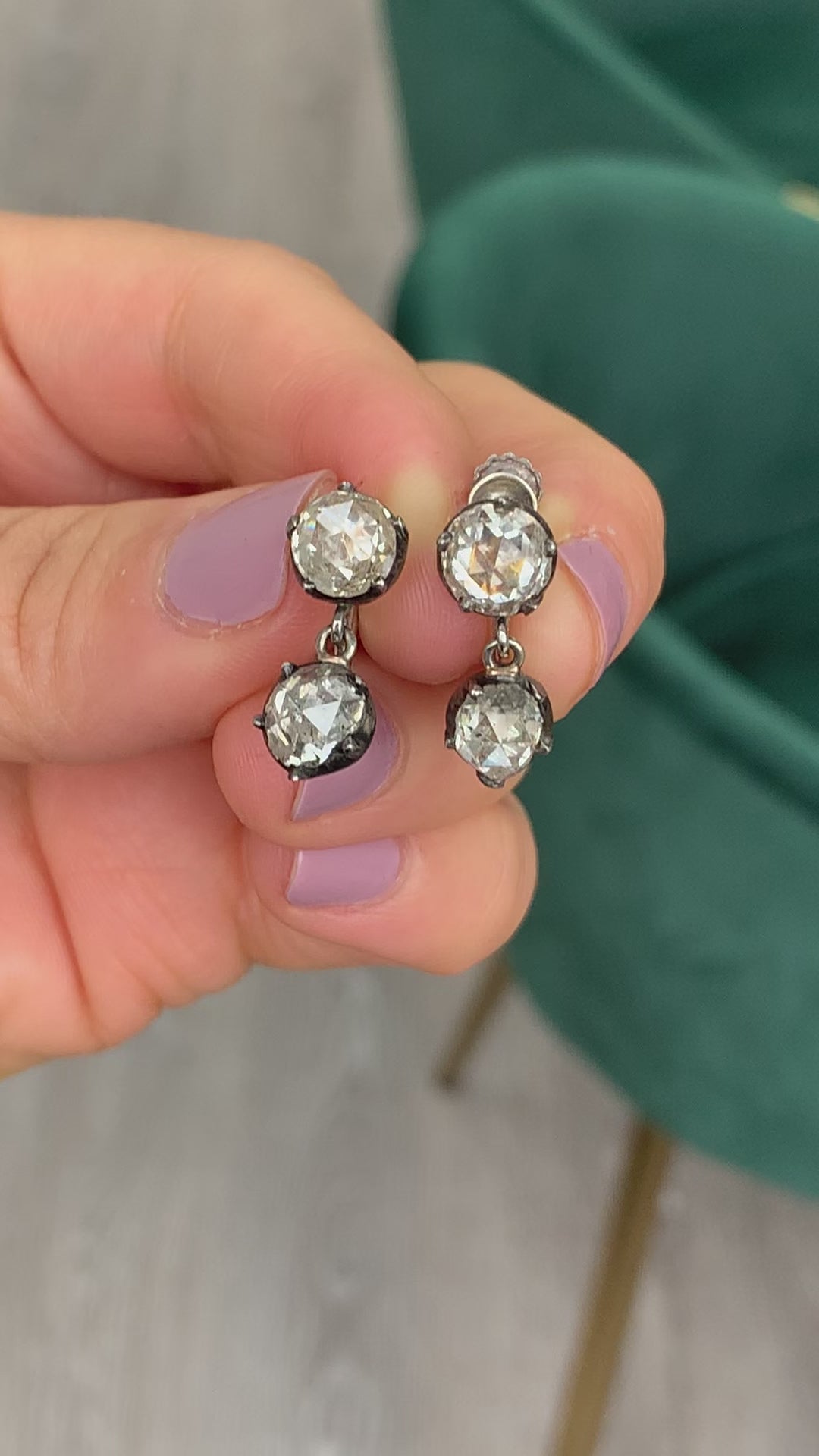 Antique Georgian 14K White Gold Silver Rose Cut Diamond Drop Dangling Earrings