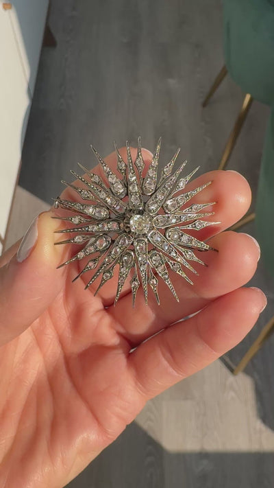 Antique Victorian Silver and Gold Old Mine Diamond Star Burst Pin
