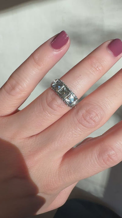 Antique Edwardian Platinum French Cut Diamond Filigree Three Stone Ring