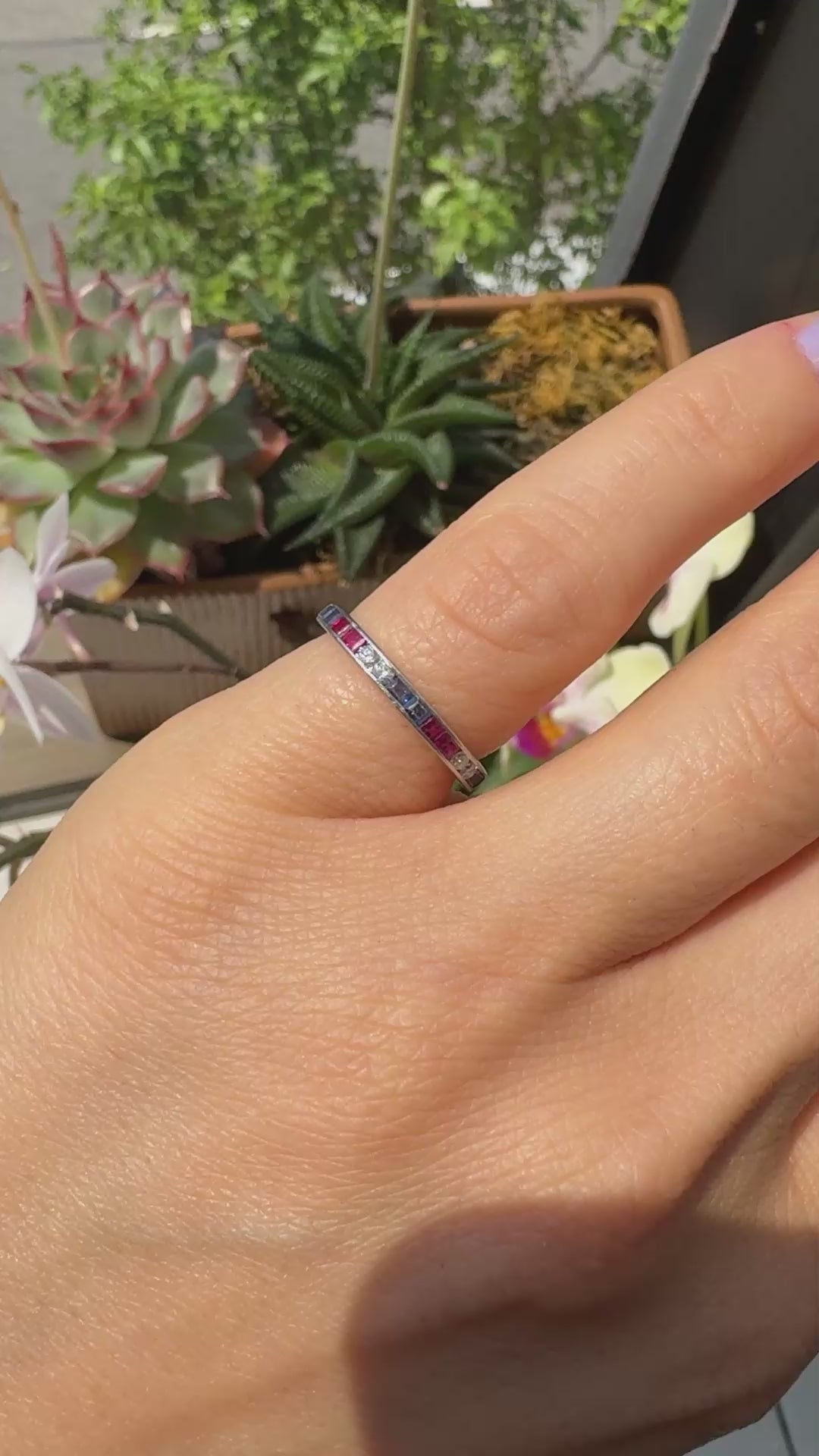 Antique Art Deco Platinum Old Cut Diamond Ruby and Sapphire Eternity Band