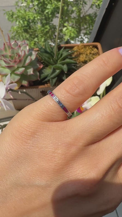 Antique Art Deco Platinum Old Cut Diamond Ruby and Sapphire Eternity Band