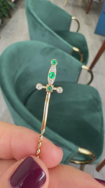 Antique Victorian 18K Yellow Gold Old Cut Emerald and Diamond Sword Stick Pin